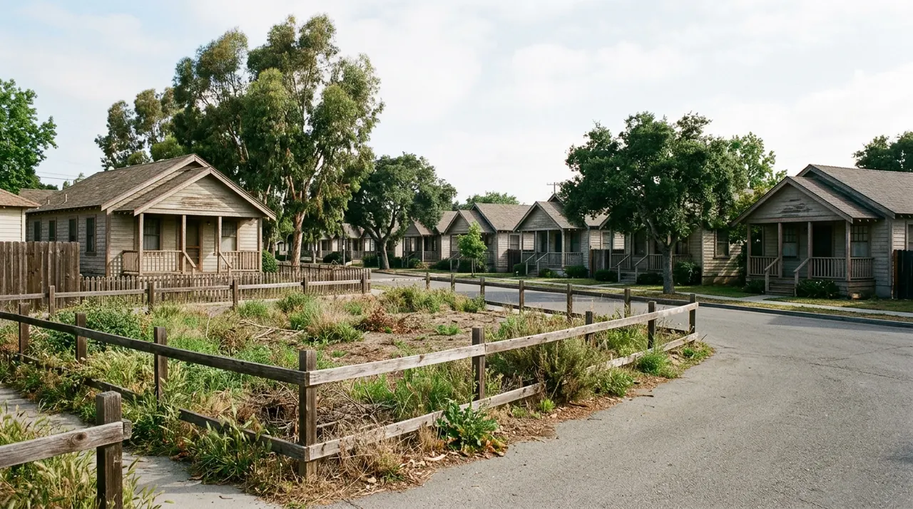 Small fenced lot beside rows of gabled cottages