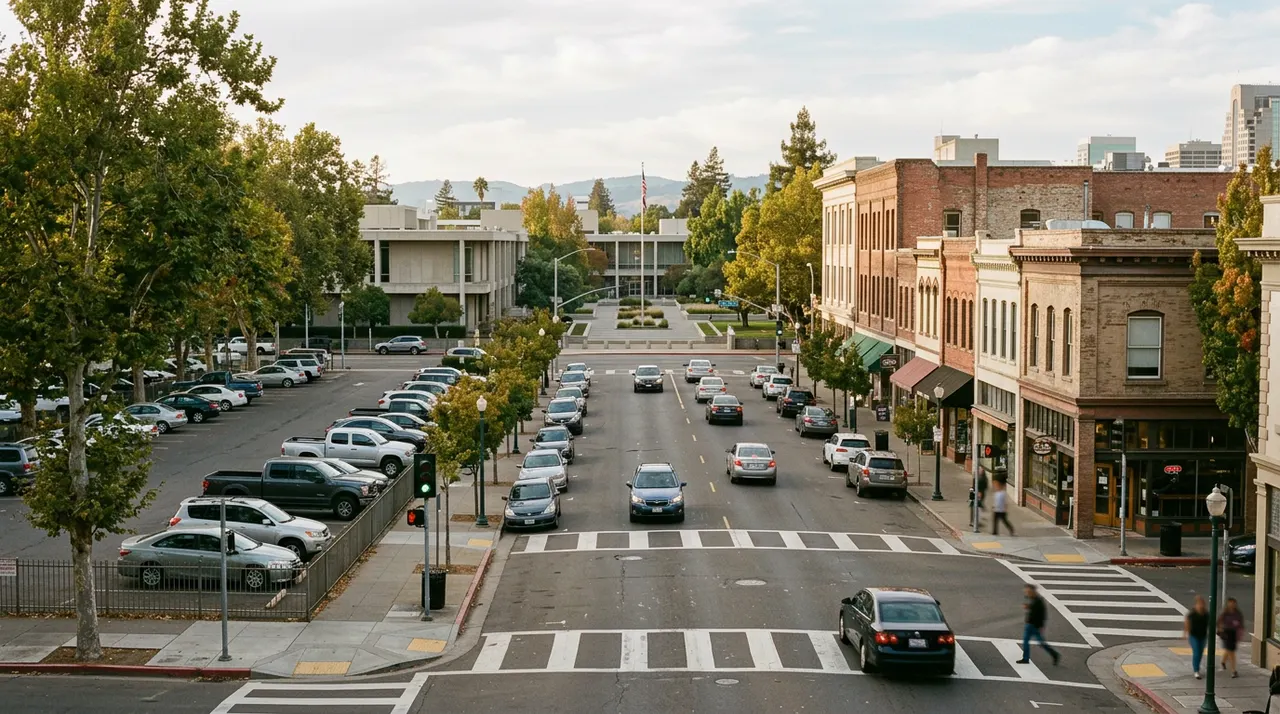 Surface parking lot edged by street trees near a civic plaza