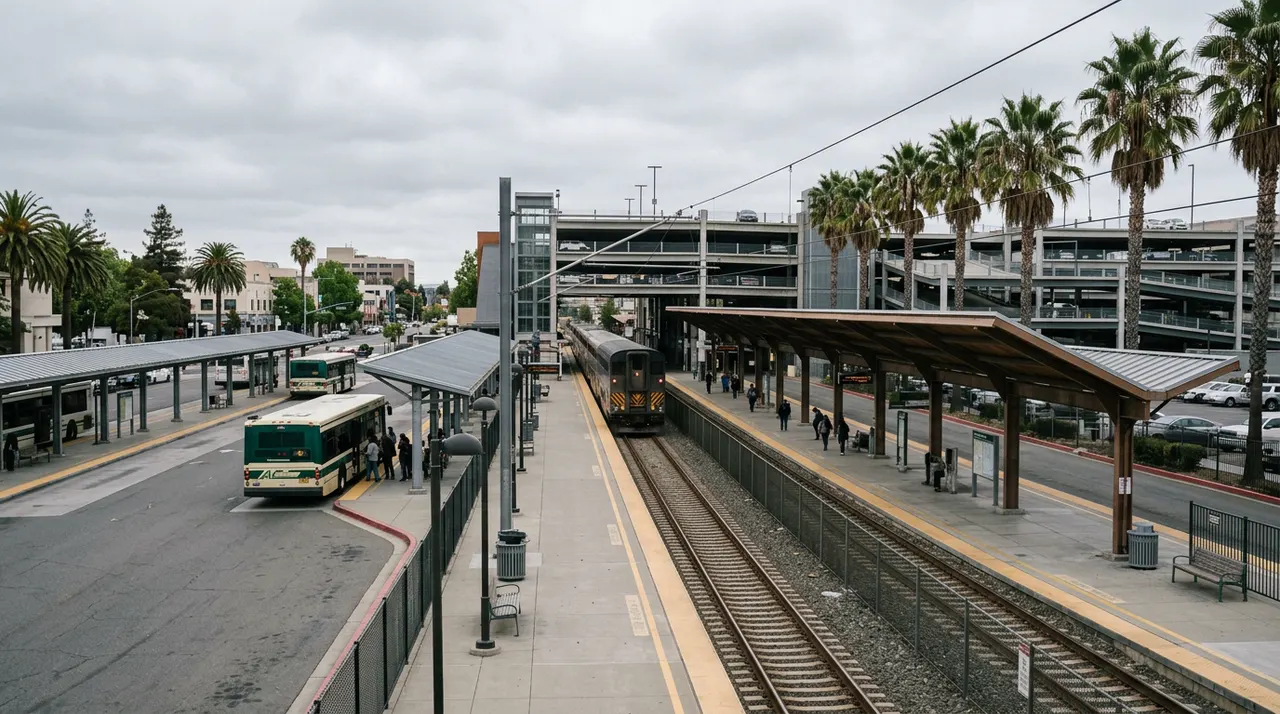 Rail platform and bus transfer area with canopy shelters