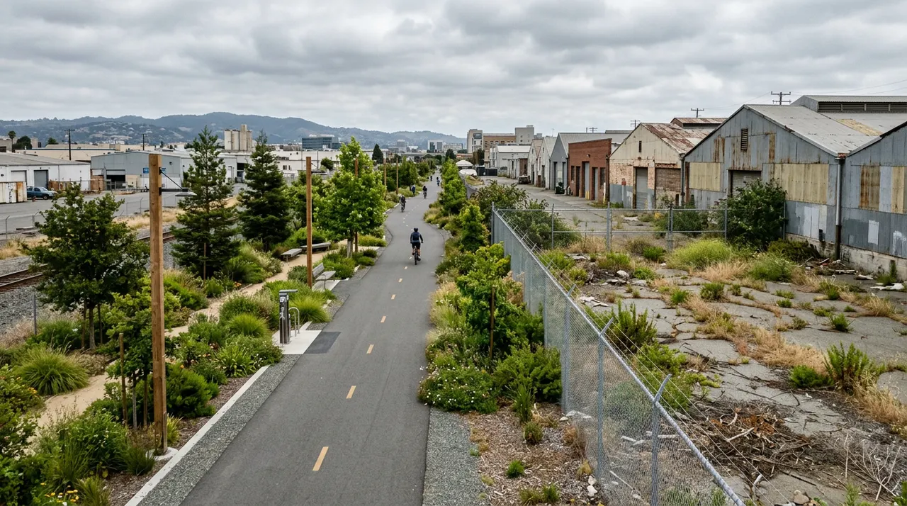Paved greenway path beside a fenced vacant parcel