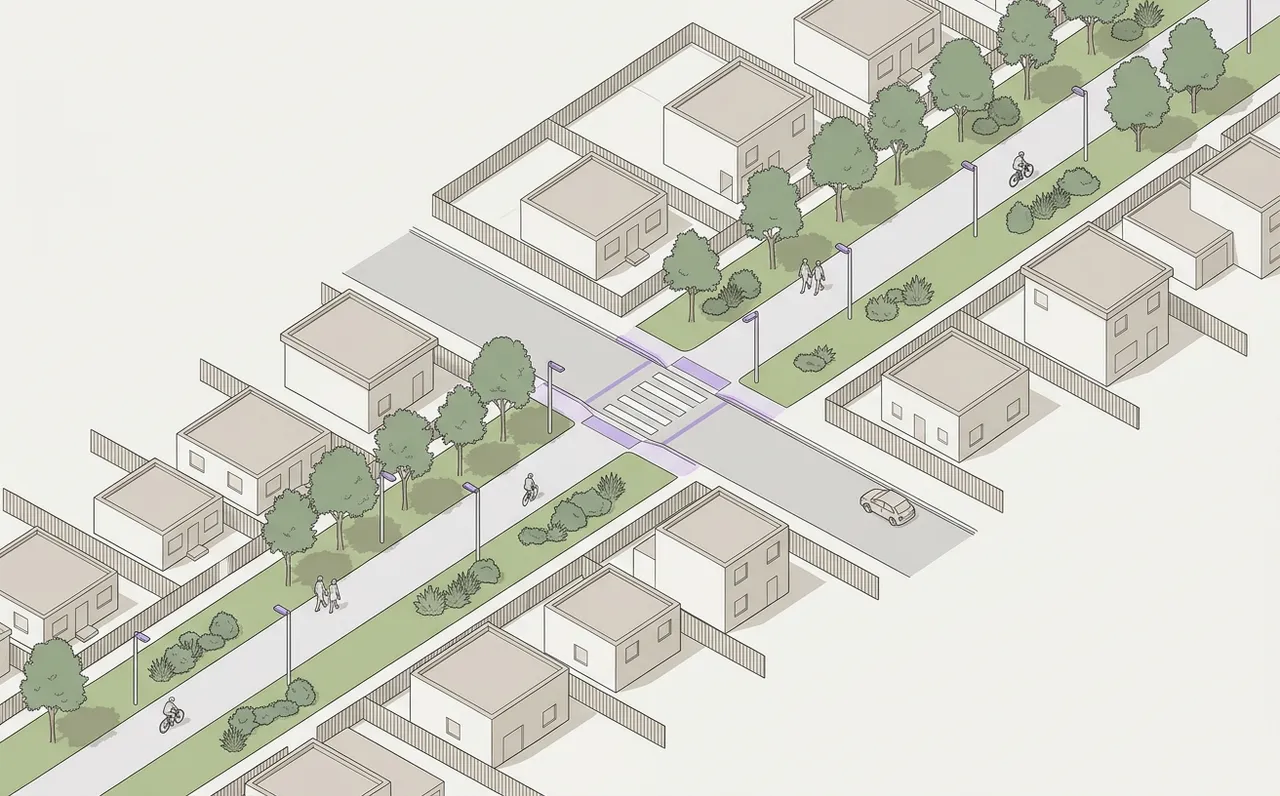 Illustrative diagram of a neighbourhood greenway path with trees and pedestrian lights, crossing a local street at a marked crosswalk, with houses on both sides.