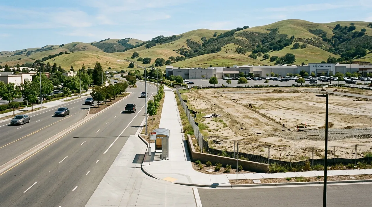 Wide arterial with a bus stop beside a graded lot