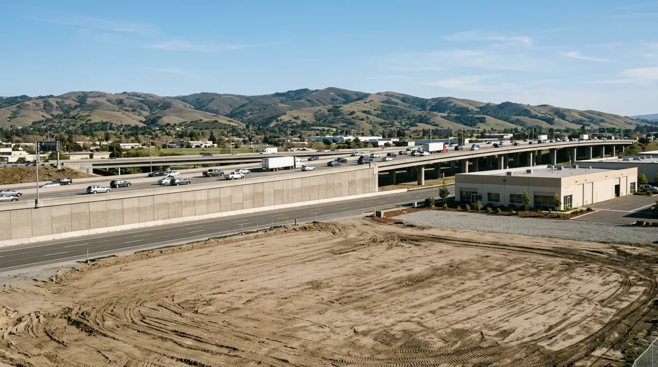 Graded commercial pad beside an elevated freeway