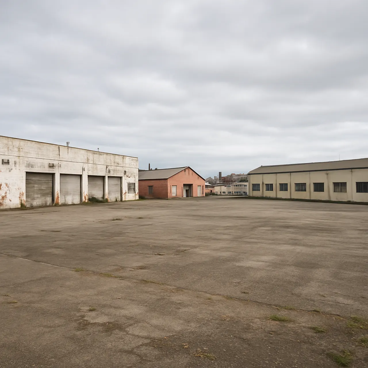 Industrial yard with low warehouse buildings