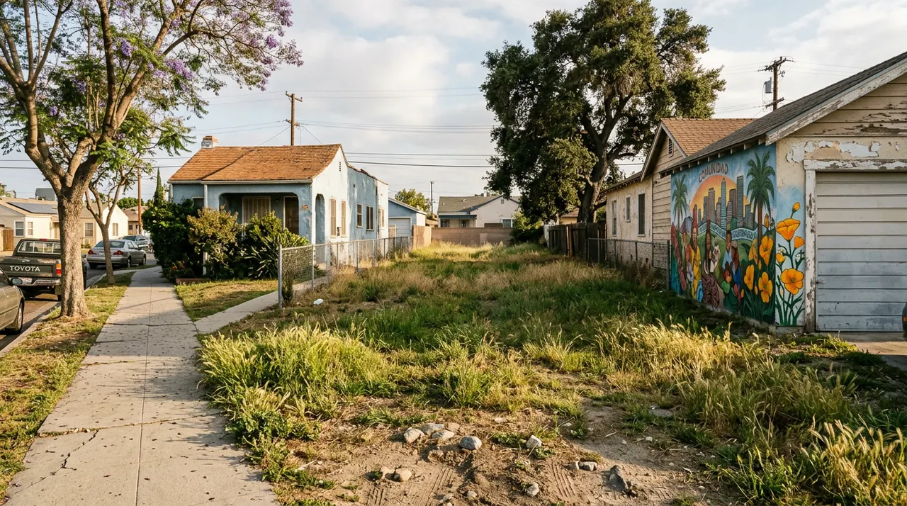 Grassy vacant lot between single-story bungalows