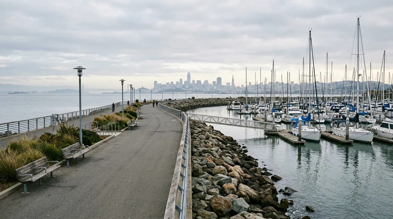 Paved promenade beside a marina with boat masts