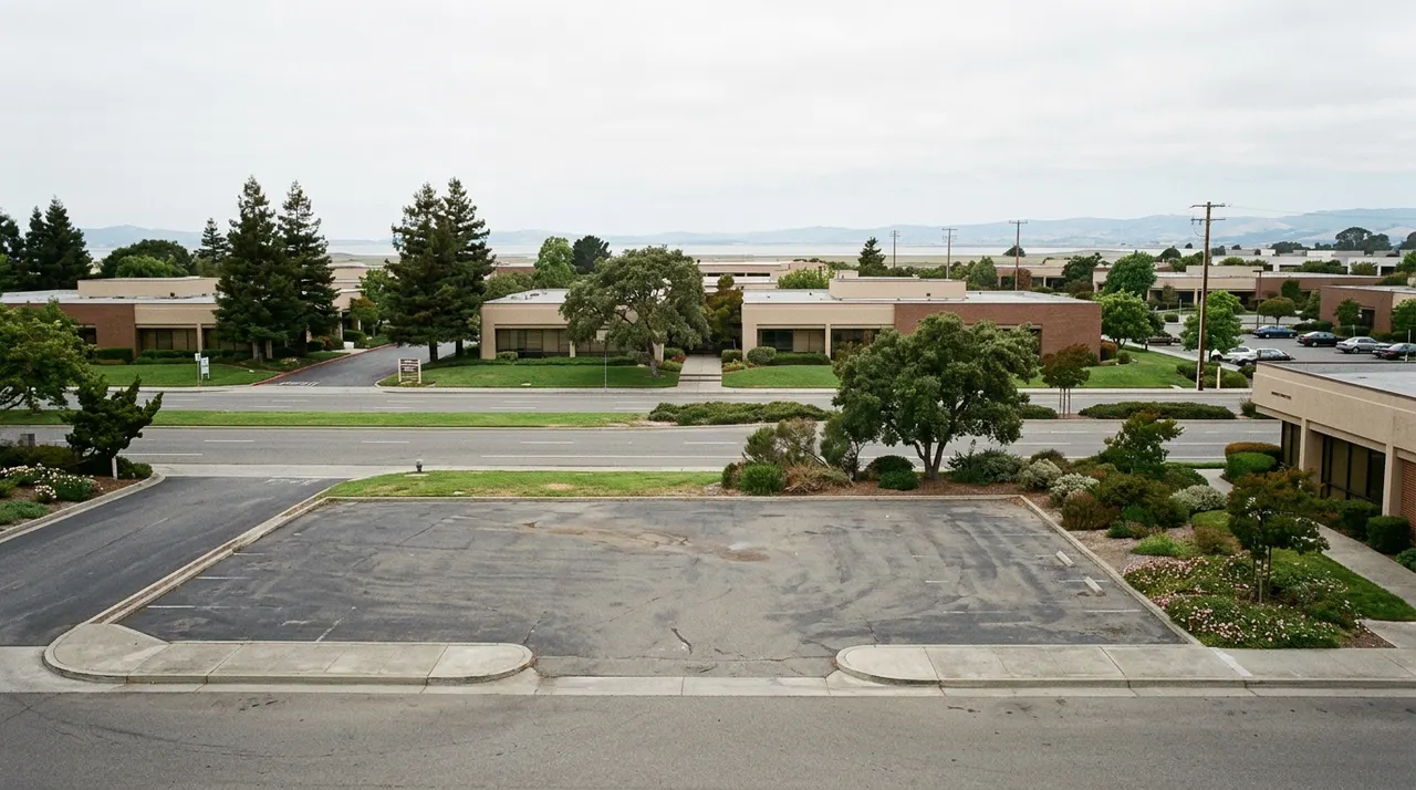 Landscaped parkway with low office buildings and an empty parcel