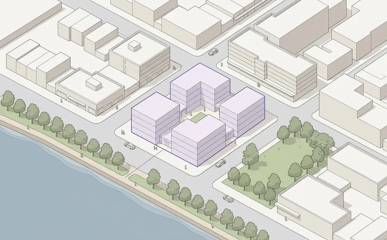 Illustrative axonometric study of a development site beside the bay, showing pale four to five storey massing around a courtyard, surrounding buildings, and a shoreline promenade with street trees.