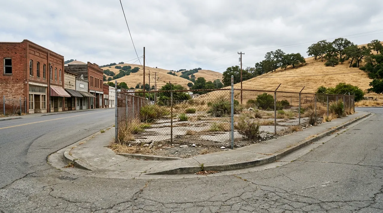 Fenced corner lot near historic brick storefronts and dry hills