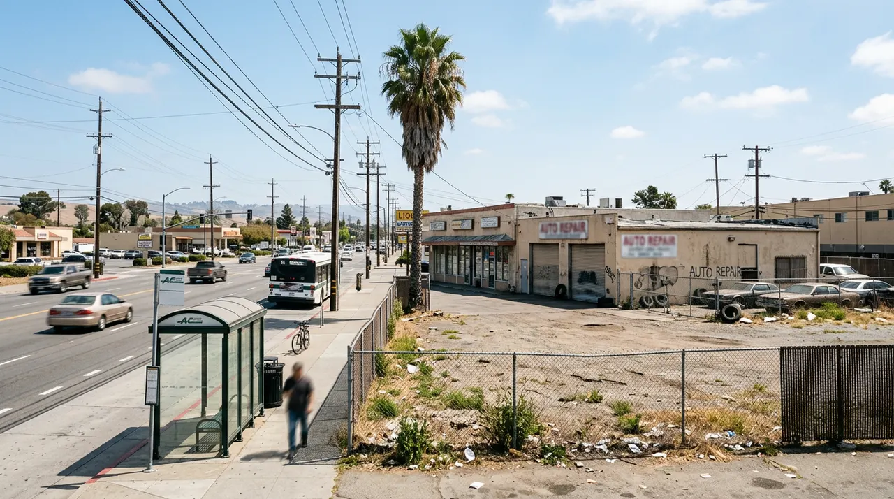 Vacant lot along a wide avenue with strip retail and a bus shelter